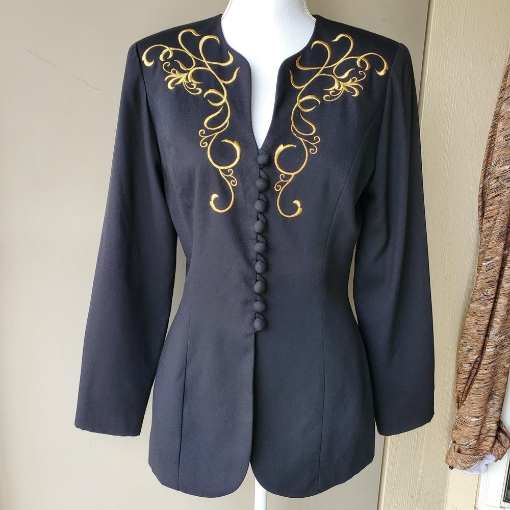 Nina K Womens 8 Black‎ Gold Embroidered Scroll Tailored Victorian Blazer Jacket